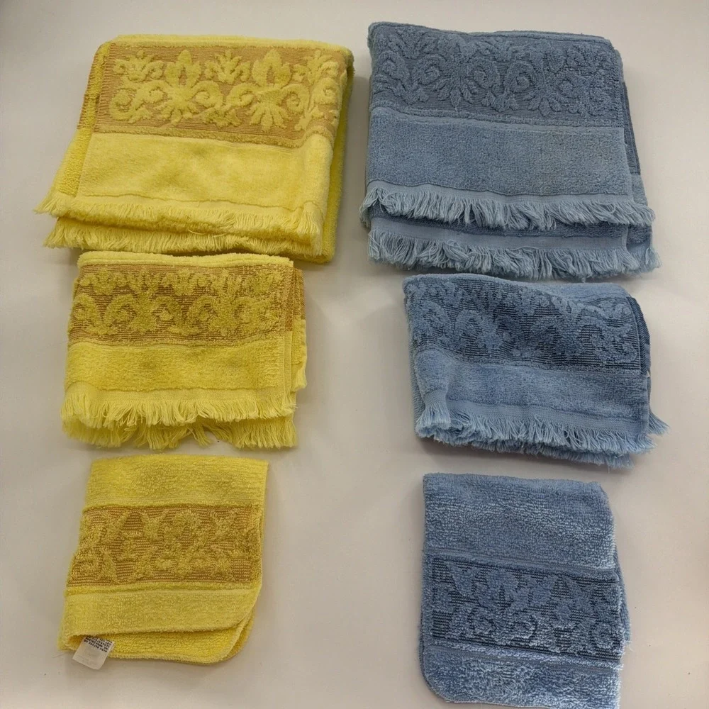 Vtg 70s Sears Yellow& Blue Fringe Bath Towel Retro MCM Damask Cotton 6 Pieces